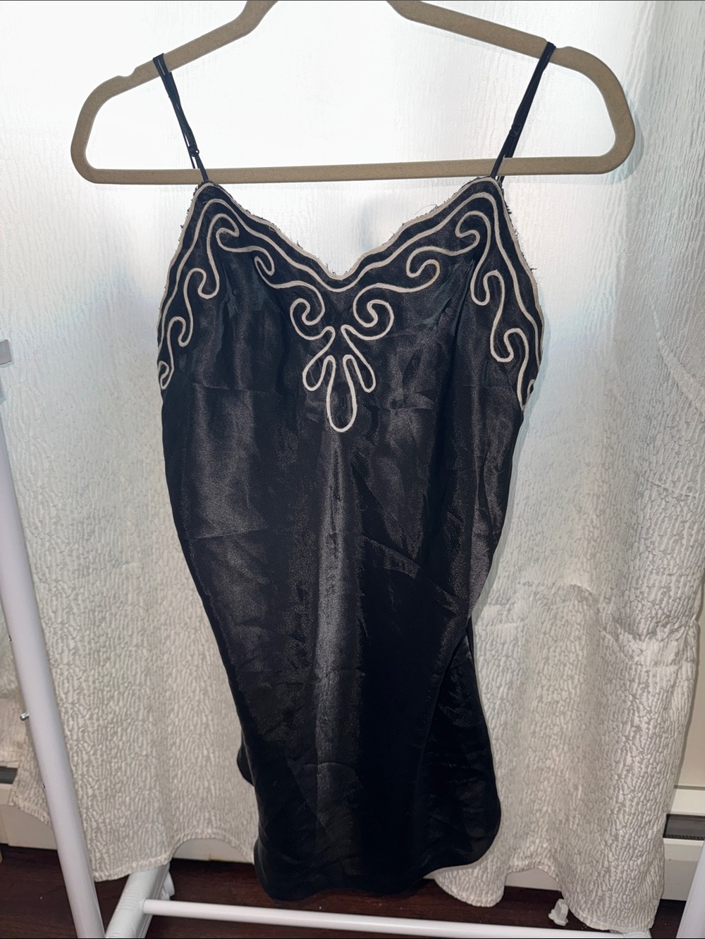 Black Slip Dress with Ivory Embroidery - Women's Elegant Nightwear